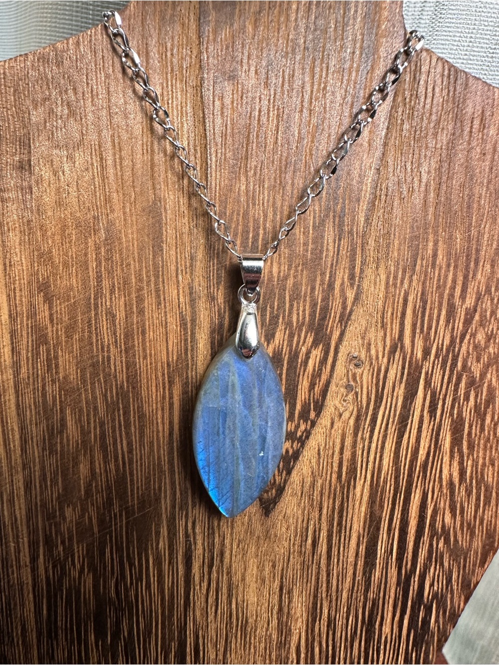 Blue Labradorite Marquise Shaped Pendant Necklace on Stainless Steel Chain - Picture 8 of 16